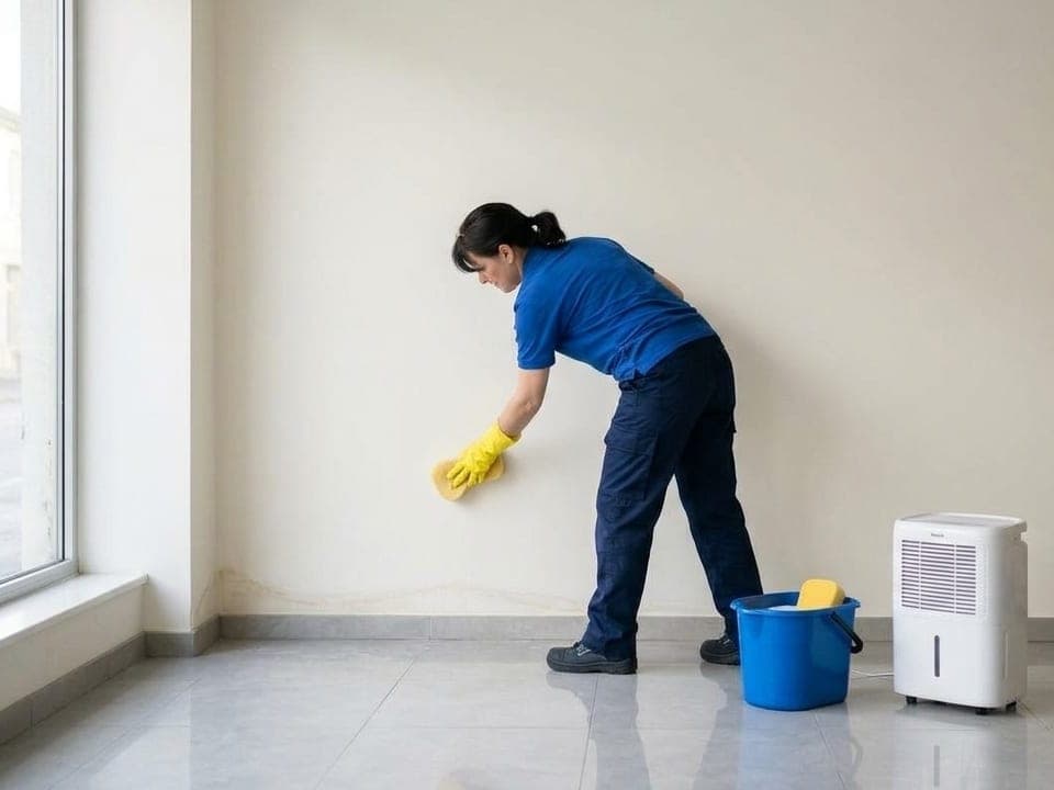 Agente en polo bleu qui lessive un mur à l'éponge dans une pièce vide, seau bleu à ses pieds