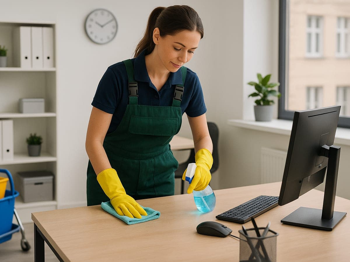 Femme en salopette verte et gants jaunes qui essuie un bureau avec un écran, dans un bureau clair