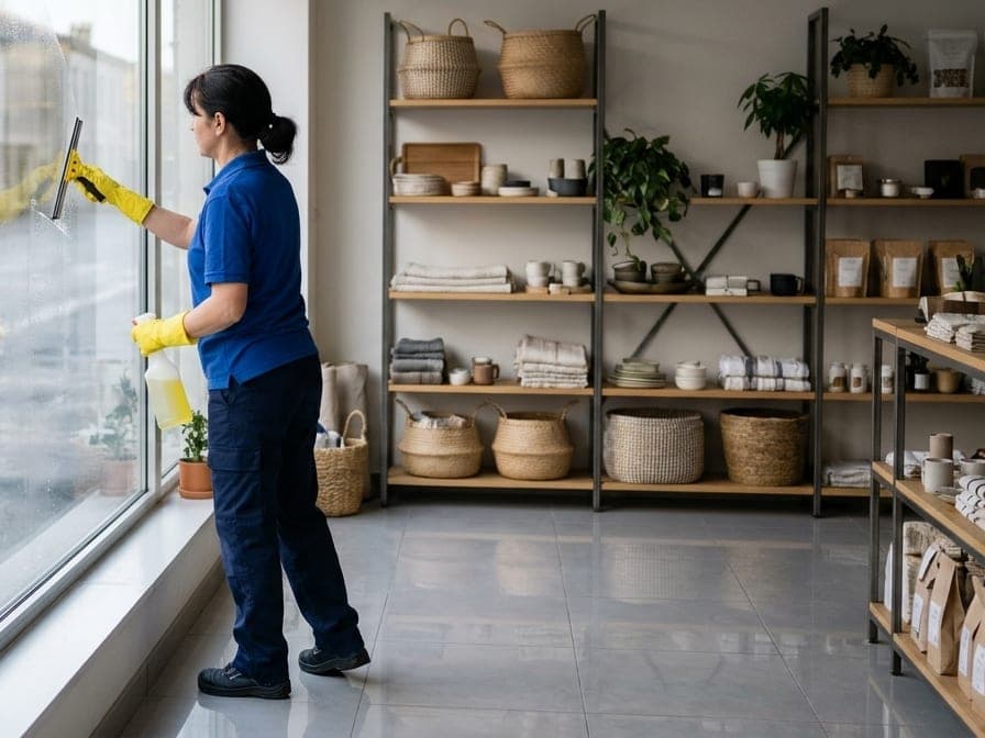 Femme en polo bleu qui passe la raclette sur la vitrine d'une boutique, étagères au fond