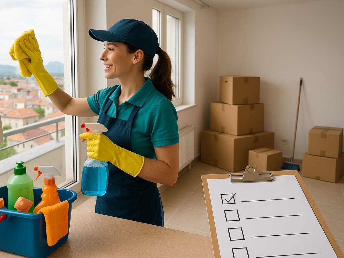 Femme en casquette qui nettoie une grande fenêtre au pulvérisateur, seau de produits et cartons dans la pièce