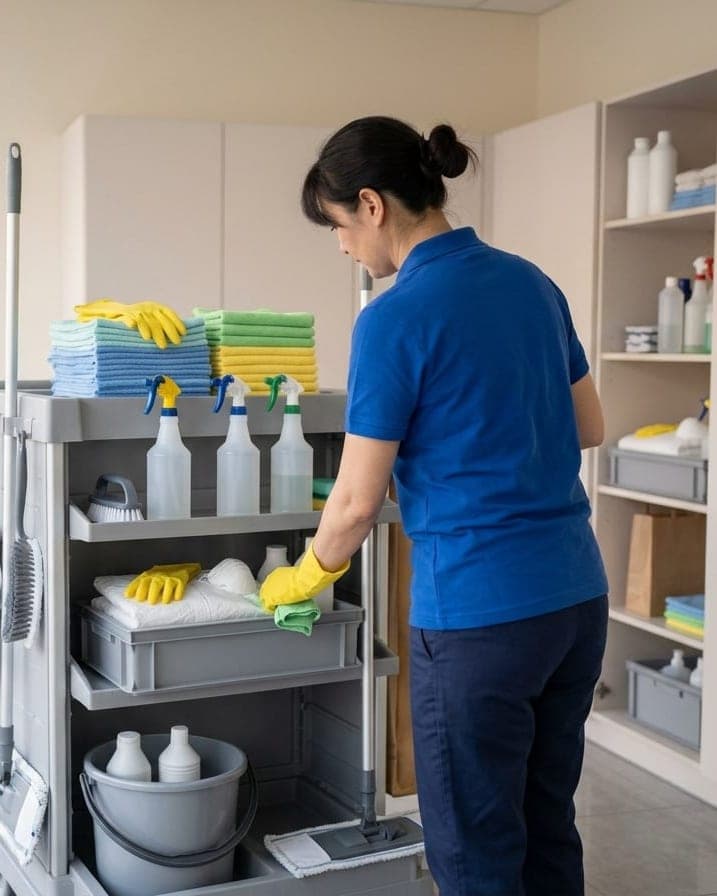 Agente en polo bleu qui range son chariot de ménage : microfibres pliées, pulvérisateurs et flacons alignés
