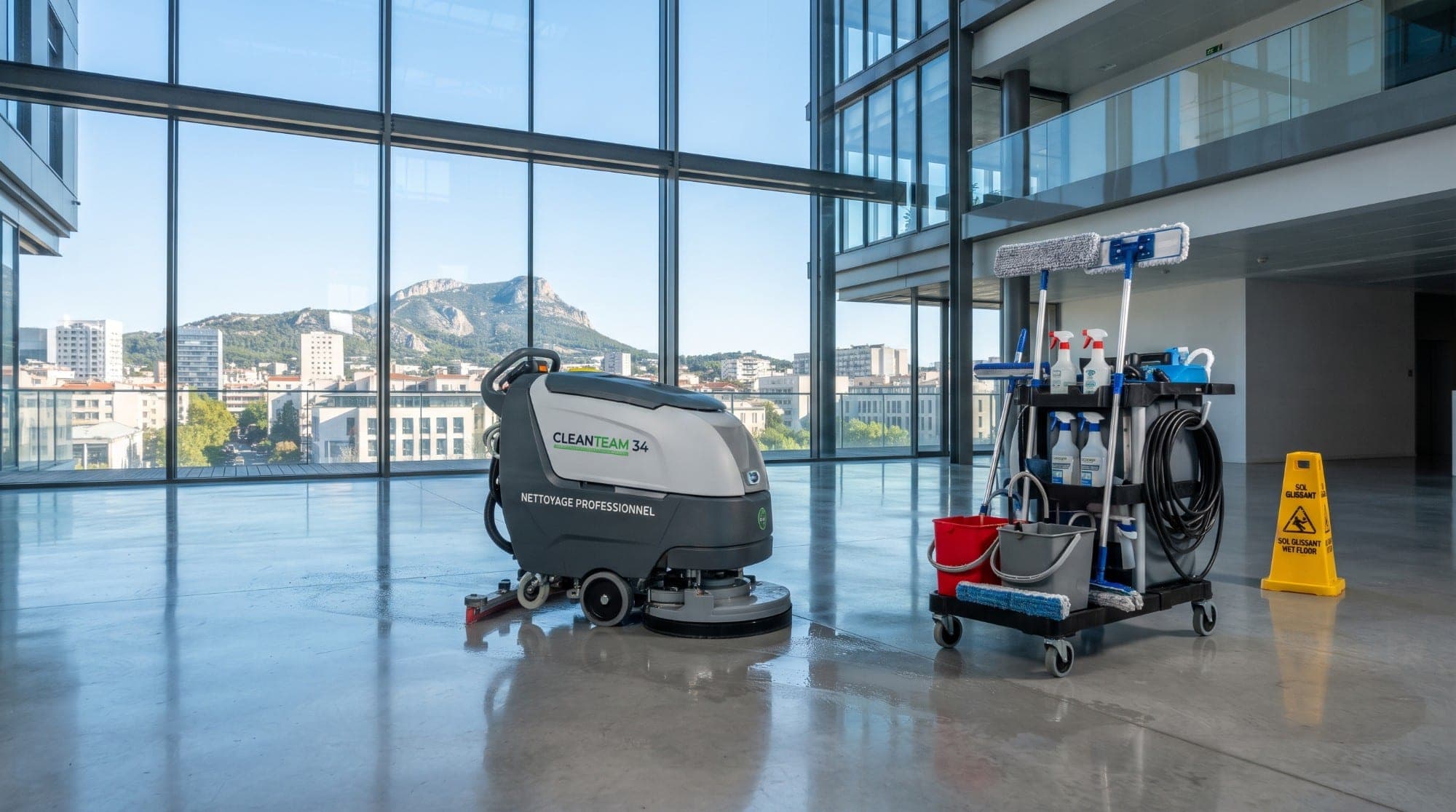 Autolaveuse et chariot de ménage Clean Team 34 posés dans un grand hall vitré au sol fraîchement lavé