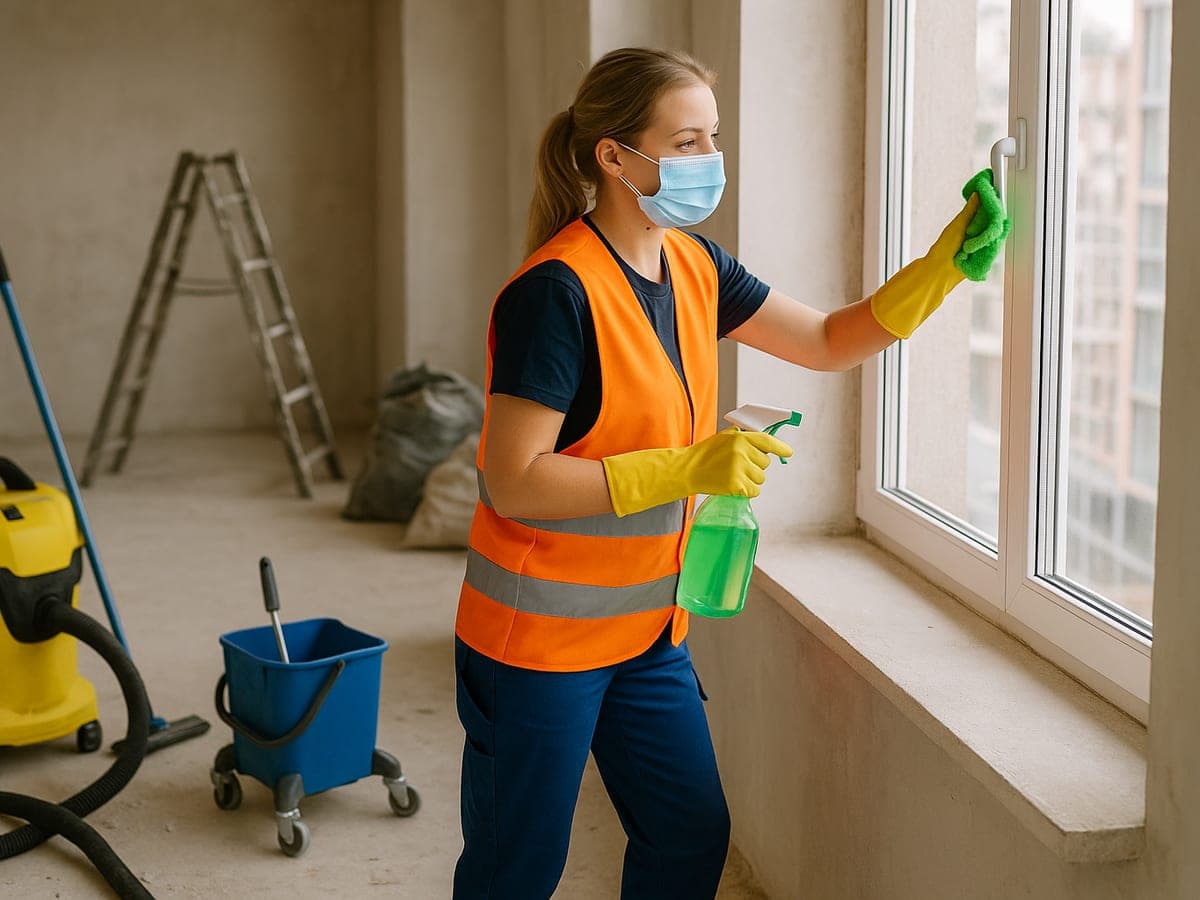 Femme en gilet orange et masque qui nettoie une fenêtre dans une pièce en travaux, aspirateur jaune et escabeau